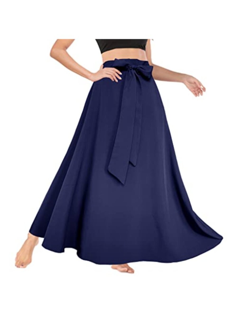 High Waist A-Line Flowy Maxi Skirt Tie Front with Pockets